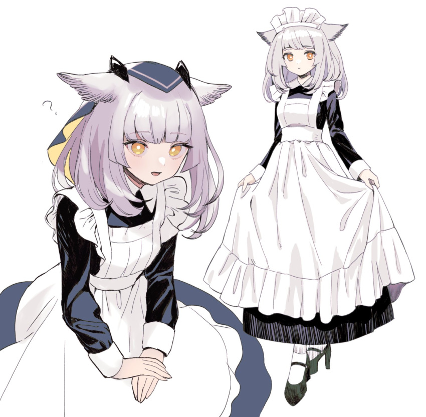 1girl :d ? alternate_costume apron apron_hold arknights bangs black_dress black_footwear blush bright_pupils closed_mouth commentary_request dress enmaided full_body high_heels highres long_hair long_sleeves looking_at_viewer maid maid_headdress multiple_views open_mouth owl_ears own_hands_together ptilopsis_(arknights) silver_hair simple_background smile standing veil white_apron white_background white_legwear yellow_eyes yuhiko_(unayuhi)