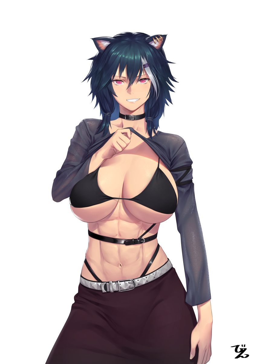 1girl absurdres animal_ear_fluff arm_at_side beeeeen bikini bikini_top black_bikini black_choker black_shirt breasts choker clothes_lift commentary_request commission copyright_request earrings green_hair hair_between_eyes highres jewelry large_breasts long_sleeves looking_at_viewer multicolored_hair navel pixiv_request purple_skirt shirt shirt_lift signature simple_background skirt smile solo standing streaked_hair swimsuit toned two-tone_hair violet_eyes white_background white_hair