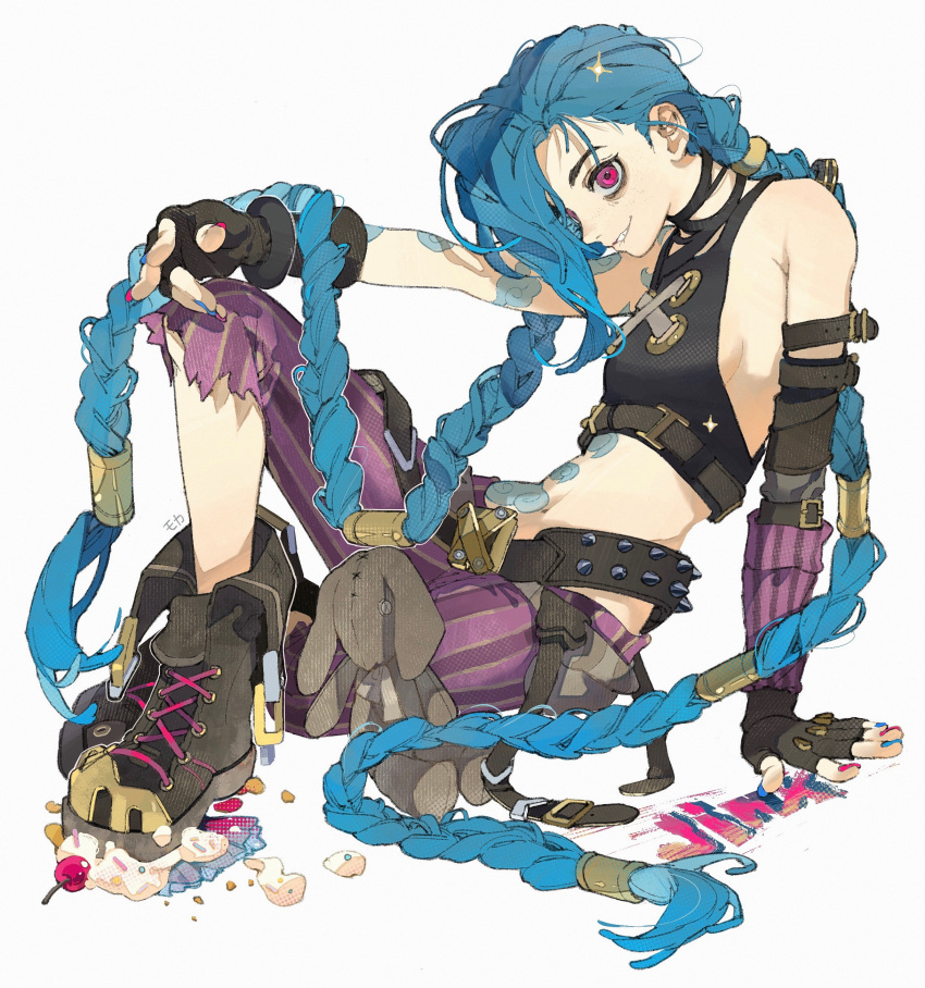 1girl absurdly_long_hair absurdres arcane:_league_of_legends arm_support armpit_crease asymmetrical_sleeves biting black_choker blue_hair braid breasts character_name choker daruma_owl detached_sleeves highres jinx_(league_of_legends) knee_up league_of_legends lip_biting long_hair looking_at_viewer midriff nail_polish navel pants profile red_eyes shirt simple_background sitting sleeveless sleeveless_shirt small_breasts smile solo sparkle spiked_belt stuffed_toy tattoo torn_clothes torn_pants twintails very_long_hair white_background