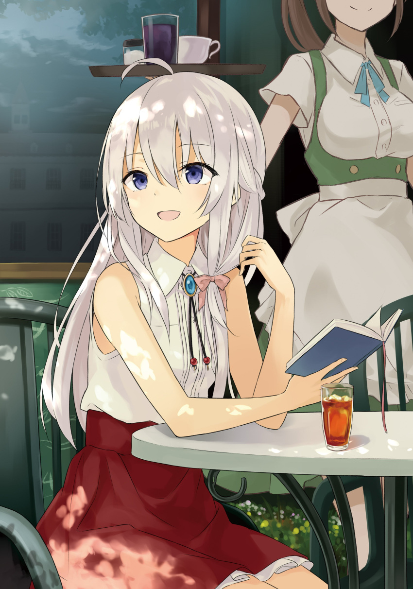 2girls :d absurdres ahoge azuuru bangs bare_arms bare_shoulders blue_eyes book breasts chair collared_shirt cup drink drinking_glass elaina_(majo_no_tabitabi) elbow_rest elbows_on_table glass hair_between_eyes hair_ribbon highres holding holding_book indoors jewelry long_hair majo_no_tabitabi multiple_girls official_art on_chair open_book open_mouth out_of_frame outdoors red_skirt ribbon riviere_to_inori_no_kuni shirt shirt_tucked_in silver_hair sitting skirt sleeveless sleeveless_shirt small_breasts smile sunlight waitress white_shirt