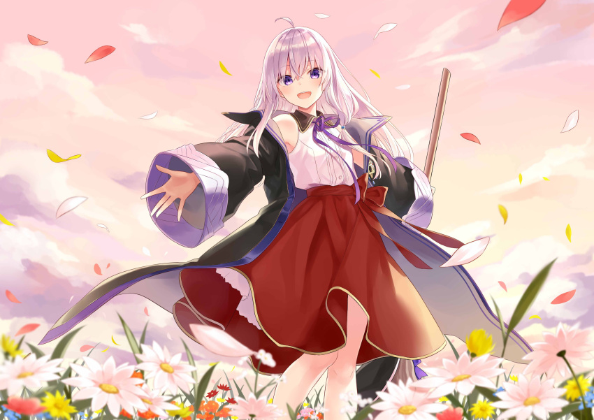1girl :d absurdres ahoge azuuru bangs bare_shoulders black_robe blush broom buttons clouds collared_shirt day elaina_(majo_no_tabitabi) feet_out_of_frame field flower flower_field highres holding holding_broom leaf leaves_in_wind long_hair long_skirt long_sleeves looking_at_viewer majo_no_tabitabi neck_ribbon off_shoulder official_art open_clothes open_mouth open_robe outdoors outstretched_arms petticoat purple_ribbon red_skirt ribbon robe shiny shiny_hair shirt shirt_tucked_in silver_hair skirt sky sleeveless sleeveless_shirt smile solo standing violet_eyes white_flower white_shirt wide_shot wide_sleeves yellow_flower