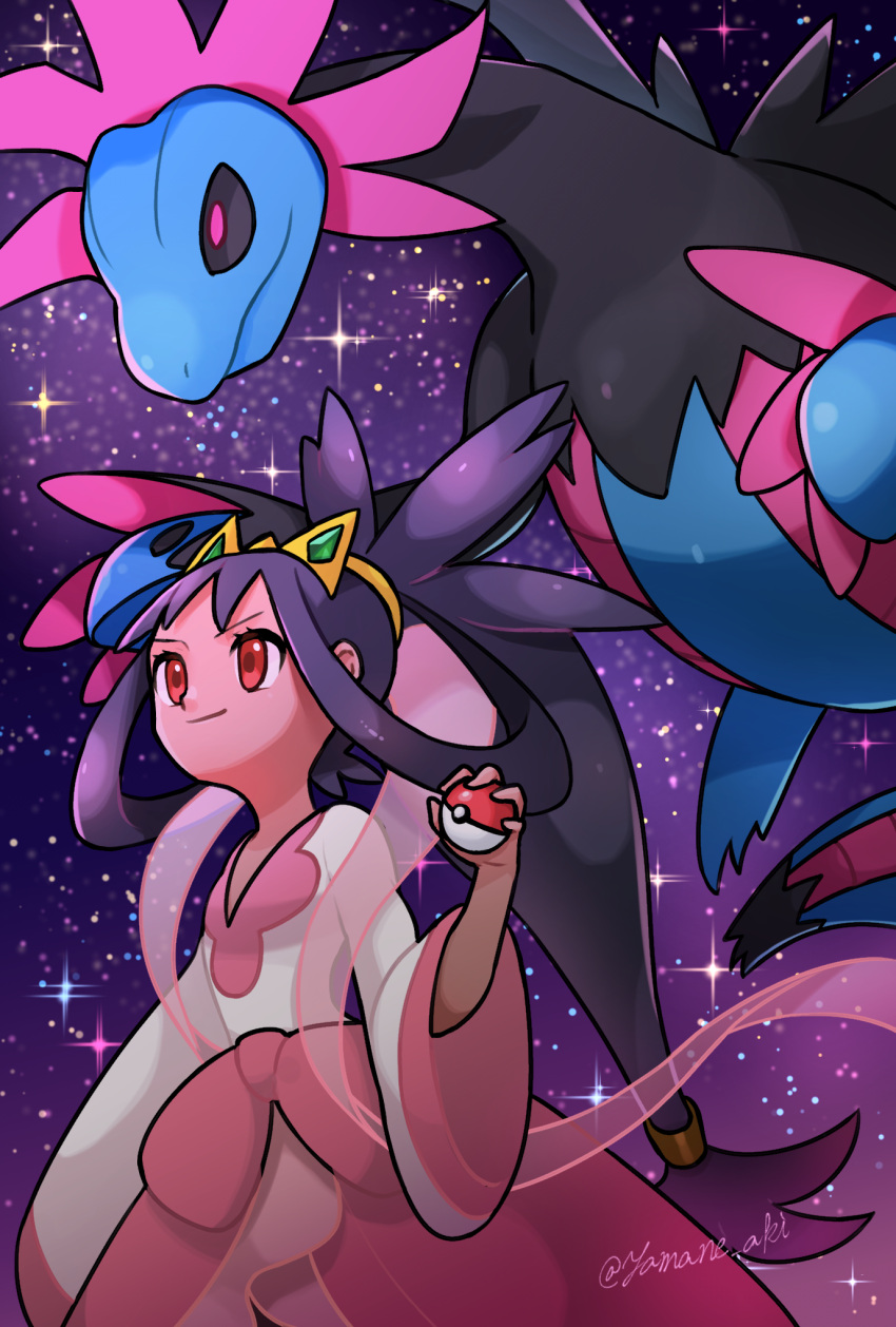 1girl aki_yamane bangs black_hair closed_mouth commentary_request dark-skinned_female dark_skin dress eyelashes hair_rings hair_tie hand_up highres holding holding_poke_ball hydreigon iris_(pokemon) long_hair poke_ball poke_ball_(basic) pokemon pokemon_(creature) pokemon_(game) pokemon_bw2 ponytail red_eyes signature smile sparkle tied_hair