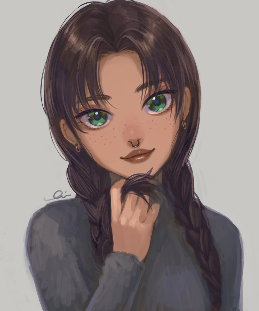 1girl braid brown_hair closed_mouth earrings eyebrows_visible_through_hair fortnite freckles green_eyes grey_sweater highres jewelry jules_(fortnite) long_hair looking_at_viewer piercing playing_with_own_hair simple_background smile solo sweater toisan33