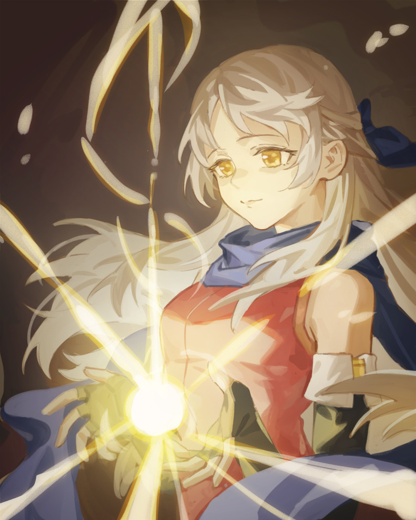 1girl bangs barefoot black_gloves blue_scarf dress elbow_gloves energy fingerless_gloves fire_emblem fire_emblem:_radiant_dawn gloves glowing hair_ribbon half_updo highres lens_flare light_particles light_rays long_hair looking_down magic micaiah_(fire_emblem) ribbon scarf silver_hair simple_background sleeveless sleeveless_dress solo yellow_eyes yuissad