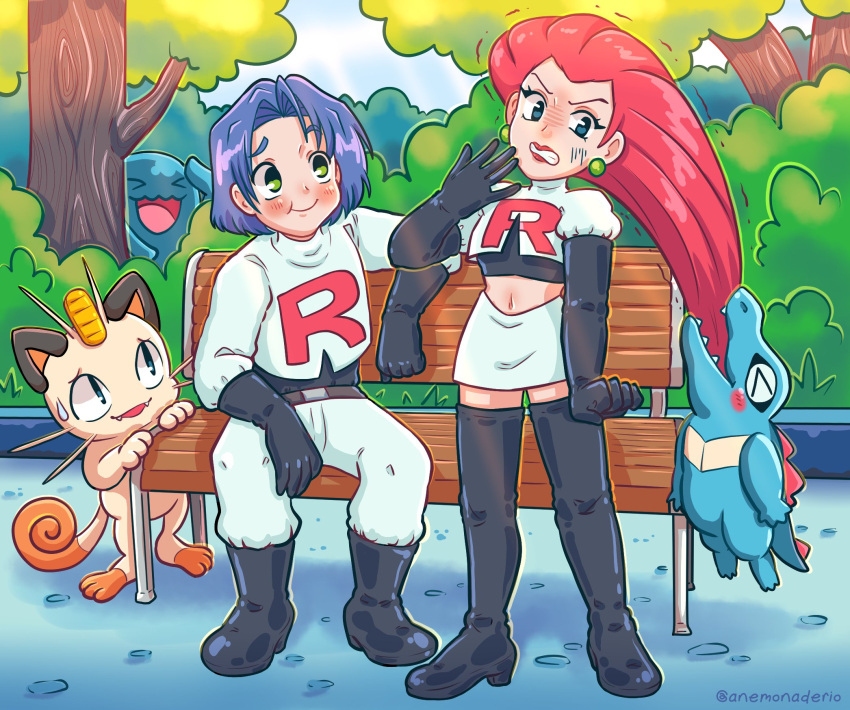 1boy 1girl anemonaderio angry blue_hair bush derivative_work green_eyes highres james_(pokemon) jessie_(pokemon) long_hair meowth pokemon pokemon_(anime) pokemon_(creature) redhead screencap_redraw smile totodile tree very_long_hair wobbuffet