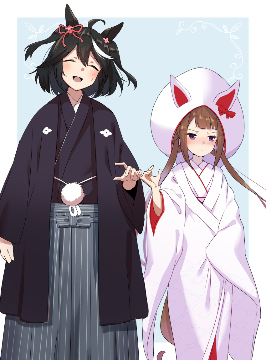 2girls :d absurdres animal_ears bangs black_hair black_kimono blue_background blush brown_hair closed_eyes closed_mouth date_pun eyebrows_visible_through_hair feet_out_of_frame grey_hakama haibarasaika hair_between_eyes hair_rings hakama hakama_skirt head_tilt highres horse_ears horse_girl japanese_clothes kimono kitasan_black_(umamusume) long_sleeves multicolored_hair multiple_girls nose_blush number_pun open_clothes pinky_out skirt smile standing streaked_hair striped sweat sweep_tosho_(umamusume) twintails two-tone_background two_side_up uchikake umamusume vertical_stripes violet_eyes white_background white_hair white_kimono wide_sleeves