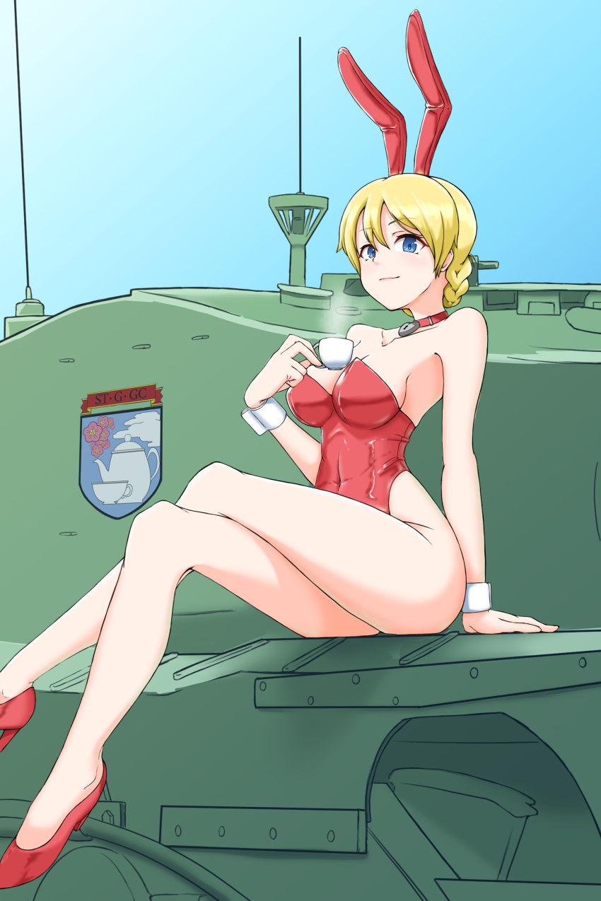 1girl absurdres animal_ears bangs bare_shoulders blonde_hair blue_eyes braid breasts choker churchill_(tank) closed_mouth commentary covered_navel crossed_legs cup darjeeling_(girls_und_panzer) emblem fake_animal_ears girls_und_panzer ground_vehicle heart heart_choker high_heels highres holding holding_cup legs leotard looking_at_viewer medium_breasts military military_vehicle motor_vehicle no_legwear nyang-kaz on_vehicle playboy_bunny rabbit_ears red_choker red_footwear red_leotard short_hair sitting smile solo st._gloriana's_(emblem) strapless strapless_leotard stream tank teacup tied_hair twin_braids wrist_cuffs