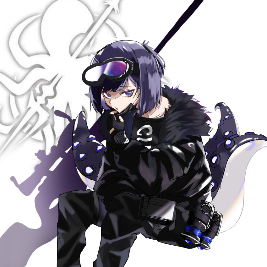 1girl :o absurdres abyssal_hunters_logo andreana_(arknights) arknights bangs black_jacket black_pants black_shirt blunt_bangs commentary_request feet_out_of_frame from_behind fur-trimmed_jacket fur_trim goggles goggles_on_head gun highres holding holding_mask jacket lefty-hand long_sleeves looking_at_viewer mask mask_pull mouth_mask open_clothes open_jacket pants partial_commentary purple_hair rifle shirt short_hair sniper_rifle solo tentacles violet_eyes weapon white_background