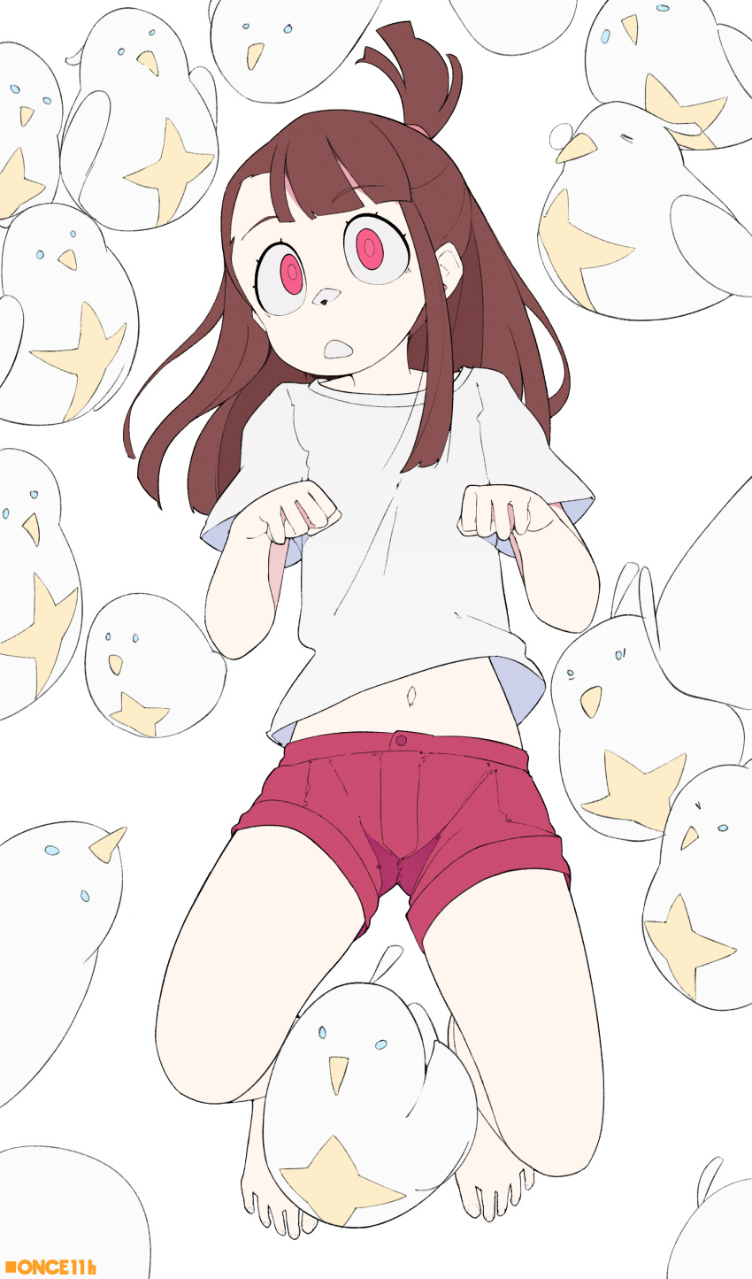 absurdres artist_name bangs barefoot belly bird brown_hair chicken from_above full_body hand_up head_tilt highres kagari_atsuko little_witch_academia long_hair looking_at_viewer lying navel once_11h open_mouth red_eyes red_shorts shirt short_sleeves shorts tied_hair white_background white_shirt