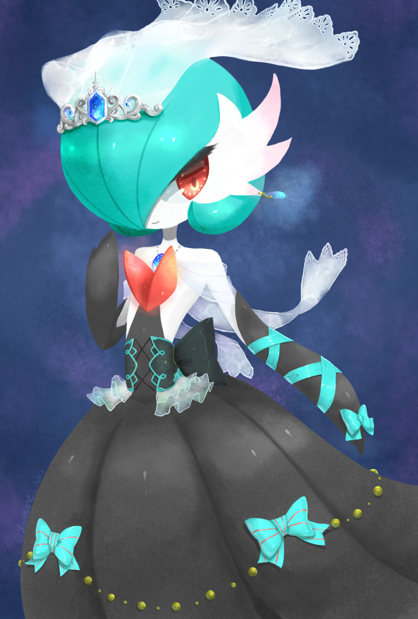 aki_yamane alternate_color bow closed_mouth colored_skin commentary_request earrings eyelashes gardevoir green_bow hand_up highres jewelry mega_gardevoir mega_pokemon necklace pokemon pokemon_(creature) red_eyes shiny_pokemon smile solo veil wedding white_skin