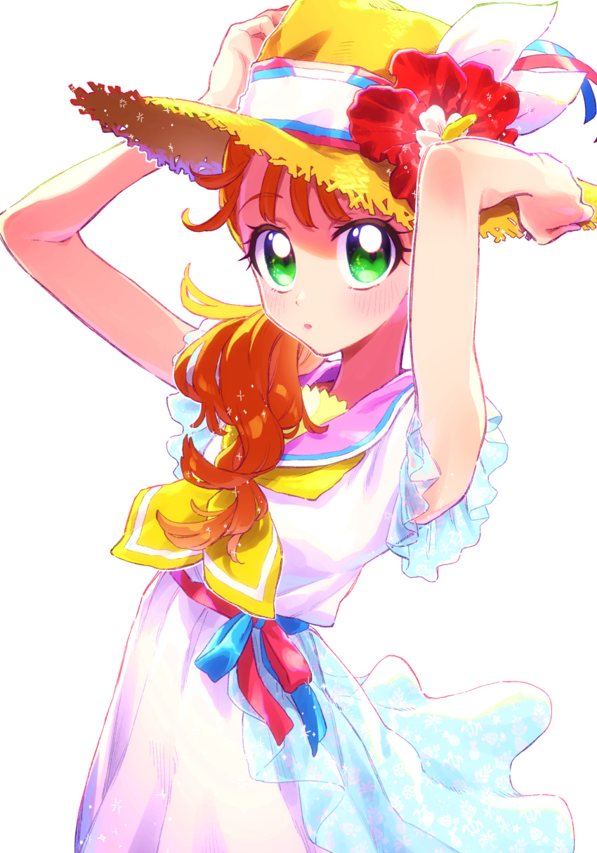 1girl :o absurdres adjusting_clothes adjusting_headwear armpits arms_up blue_stripes blush bow commentary dress eyebrows_visible_through_hair flower frilled_dress frills green_eyes hair_over_shoulder hair_strand hat hat_bow hat_flower heart heart_in_eye hibiscus highres long_hair looking_at_viewer natsuumi_manatsu neckerchief okimochi open_mouth orange_hair parted_lips pink_sailor_collar ponytail precure sailor_collar shadow side_ponytail simple_background sleeveless sleeveless_dress solo sparkle straw_hat sun_hat symbol_in_eye tropical-rouge!_precure upper_body white_background white_dress yellow_neckerchief