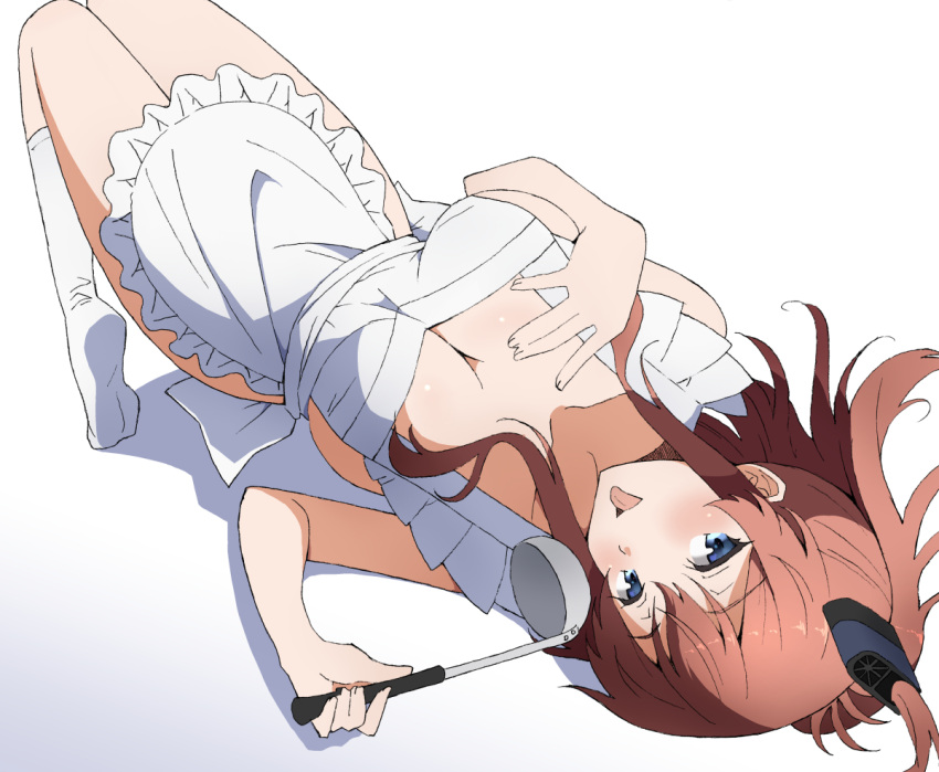 1girl apron blue_eyes blush breasts brown_hair holding holding_ladle kantai_collection kneehighs ladle large_breasts long_hair nel-c saratoga_(kancolle) side_ponytail solo tongue tongue_out upside-down white_apron white_background white_legwear