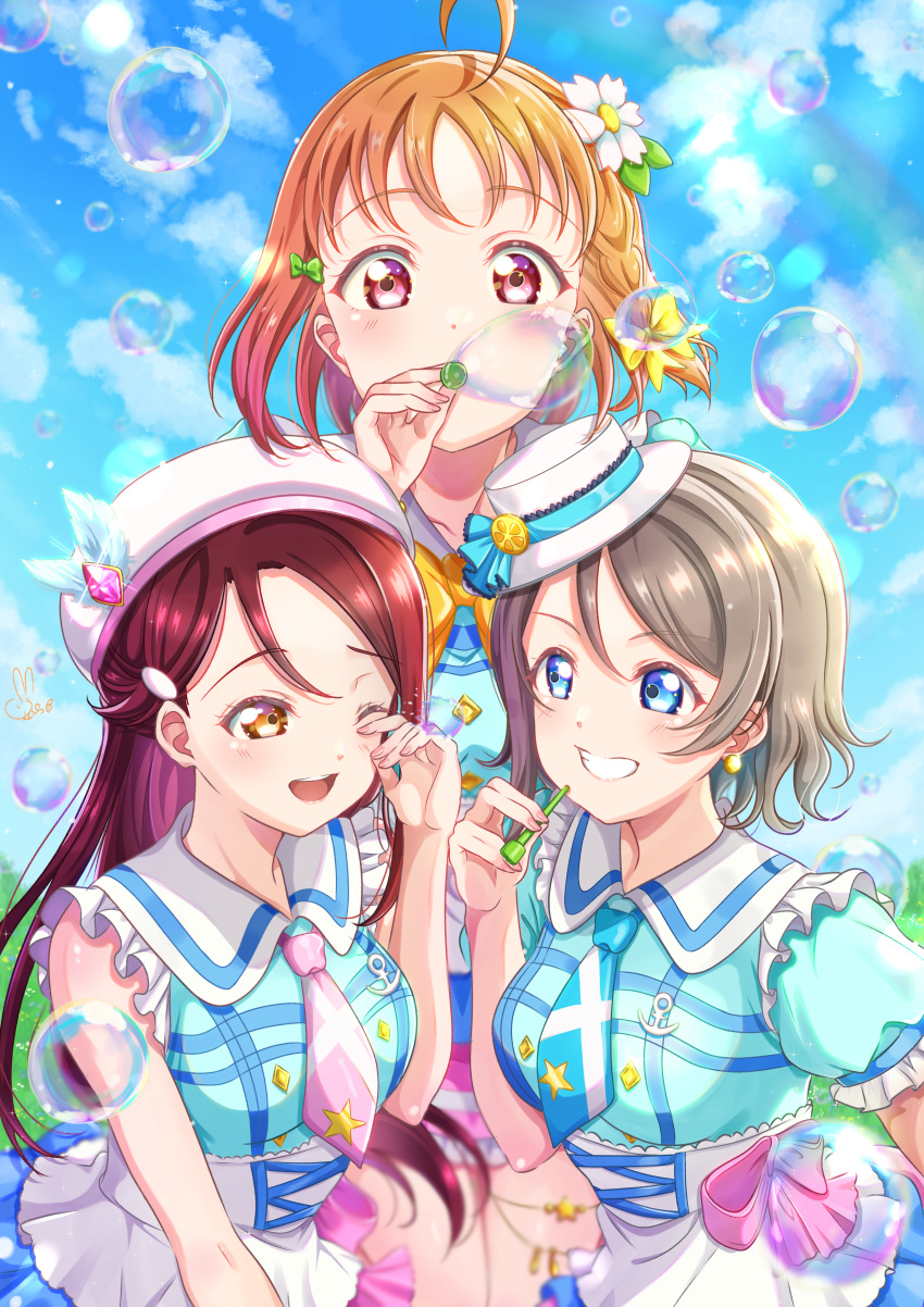 3girls :d ;d absurdres ahoge beret blowing_bubbles blue_dress blue_eyes blue_necktie blue_sky boater_hat bow bowtie braid breasts bubble_pipe clouds collarbone commentary cowboy_shot dress flower frilled_dress frills gem_hat_ornament green_bow grey_hair grin hair_bow hair_flower hair_ornament hairclip hat highres holding iroenpitsu_xxx kimi_no_kokoro_wa_kagayaiteru_kai? long_hair looking_at_another looking_at_viewer love_live! love_live!_sunshine!! medium_breasts medium_hair multiple_girls necktie official_alternate_costume one_eye_closed open_mouth orange_bow orange_bowtie orange_eyes orange_hair pink_necktie puffy_short_sleeves puffy_sleeves red_eyes redhead rubbing_eyes sailor_collar sailor_dress sakurauchi_riko short_hair short_sleeves side_braid sky sleeveless sleeveless_dress smile soap_bubbles takami_chika underbust upper_body watanabe_you white_flower white_hat white_sailor_collar yellow_bow