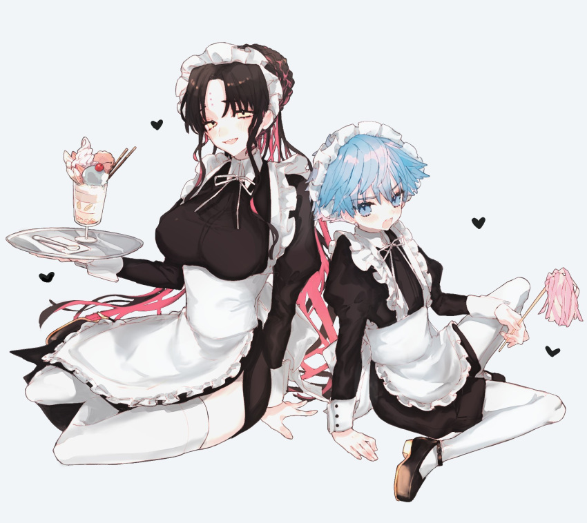 1boy 1girl apron bangs black_dress black_footwear black_hair black_shirt black_shorts blue_eyes blue_hair breasts collared_dress collared_shirt commentary dress eyebrows_visible_through_hair facial_mark fate/extra fate/extra_ccc fate/grand_order fate_(series) forehead_mark forehead_tattoo frilled_hairband frills hairband hans_christian_andersen_(fate) heart high_heels highres holding holding_tray juliet_sleeves large_breasts long_hair long_sleeves looking_at_viewer multicolored_hair parfait parted_bangs pink_hair pith_u puffy_sleeves ribbon sesshouin_kiara shirt shorts sidelocks simple_background sitting streaked_hair symbol-only_commentary thigh-highs tray very_long_hair white_apron white_headwear white_legwear white_ribbon wrist_cuffs yellow_eyes