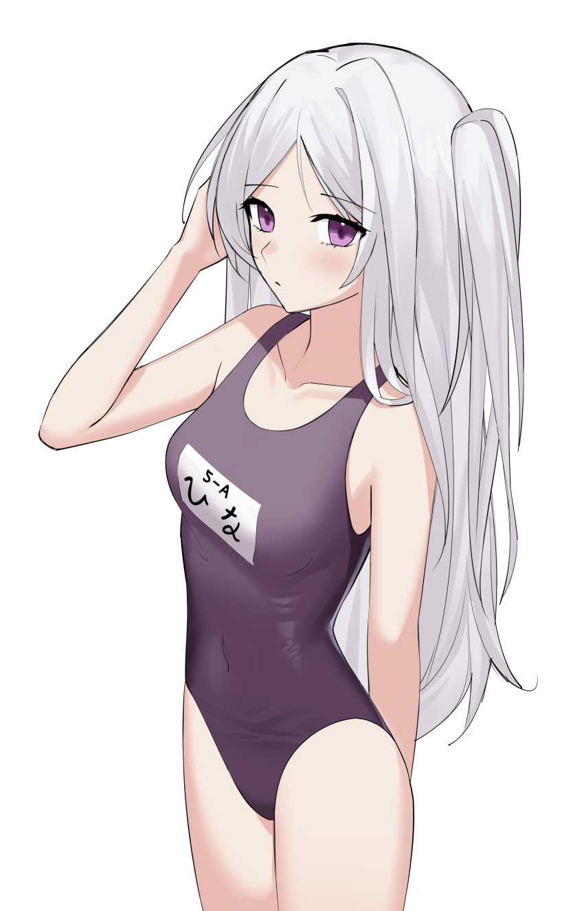 1girl absurdres bangs bare_arms bare_shoulders black_swimsuit blue_archive blush breasts closed_mouth collarbone covered_navel eyebrows_visible_through_hair grey_hair hand_up highres hina_(blue_archive) long_hair looking_at_viewer nagisa_(cxcx5235) name_tag one-piece_swimsuit one_side_up parted_bangs school_swimsuit simple_background single_hair_intake small_breasts solo swimsuit very_long_hair violet_eyes white_background