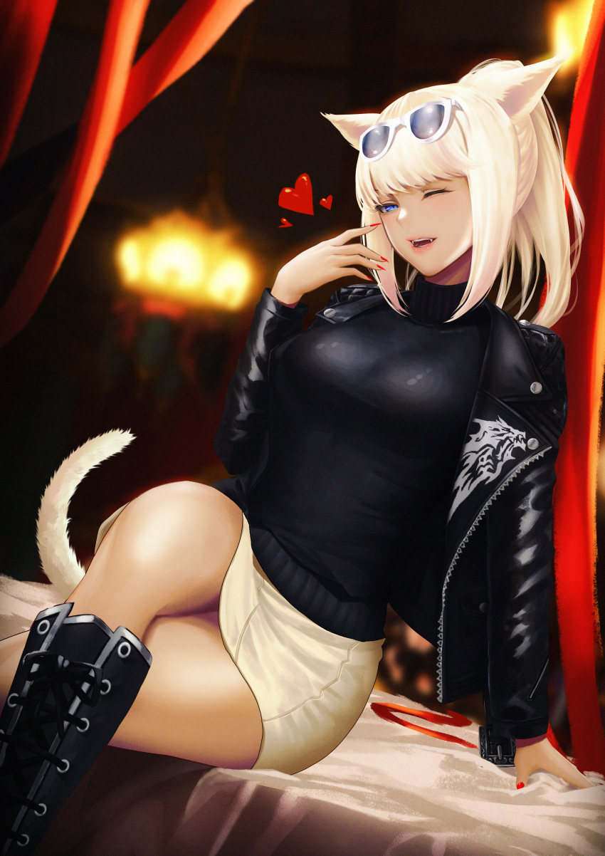 1girl absurdres animal_ears avatar_(ffxiv) bangs blonde_hair blue_eyes blurry blurry_background boots breasts cat_ears cat_tail crossed_legs eyewear_on_head fangs final_fantasy final_fantasy_xiv highres jacket medium_breasts miqo'te one_eye_closed open_clothes open_jacket open_mouth ponytail short_hair skirt solo sunglasses tail zeri_(zeristudio)