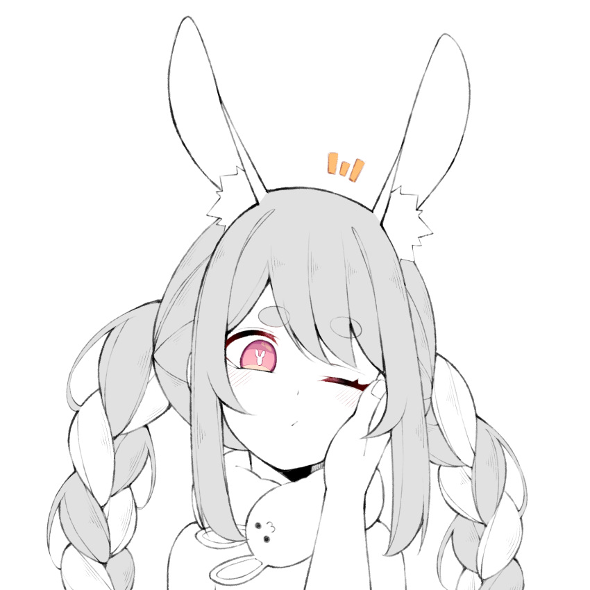 1girl animal_ears braid bunny-shaped_pupils commentary don-chan_(usada_pekora) dot_mouth english_commentary eyebrows_visible_through_hair greyscale hand_on_own_cheek hand_on_own_face highres hikimayu hololive looking_at_viewer monochrome multicolored_hair one_eye_closed pov pov_hands rabbit_ears red_eyes simple_background solo_focus spot_color symbol-shaped_pupils twin_braids unexistarts usada_pekora virtual_youtuber white_background