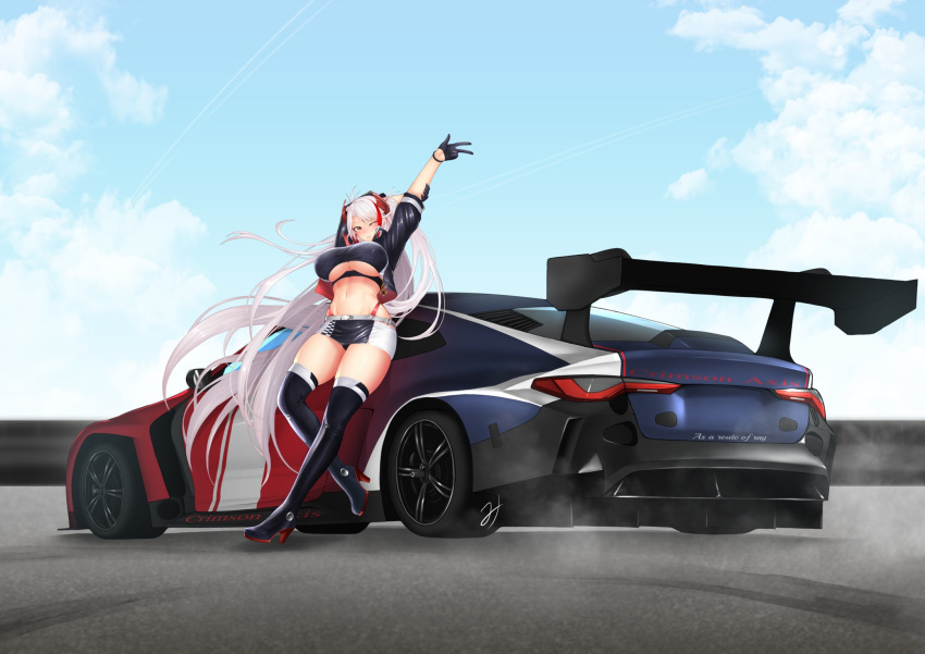 1girl antenna_hair arms_up azur_lane bangs belt black_footwear black_gloves black_jacket black_shirt black_skirt blue_sky blush bmw bmw_m4 boots breasts car clothing_cutout clouds commentary_request crop_top cropped_jacket cropped_shirt day full_body gloves grey_hair groin ground_vehicle hair_between_eyes half_gloves high_heel_boots high_heels highres jacket large_breasts long_hair looking_at_viewer midriff miniskirt motor_vehicle multicolored_hair navel official_alternate_costume one_eye_closed open_clothes open_jacket outdoors panties parted_lips prinz_eugen_(azur_lane) prinz_eugen_(final_lap)_(azur_lane) racequeen red_panties redhead richou_ask road rudder_footwear shadow shirt short_sleeves sidelocks signature skindentation skirt sky sleeveless sleeveless_shirt smile solo standing streaked_hair thigh-highs thigh_boots two-tone_skirt two_side_up under_boob underboob_cutout underwear very_long_hair white_belt white_skirt yellow_eyes zettai_ryouiki