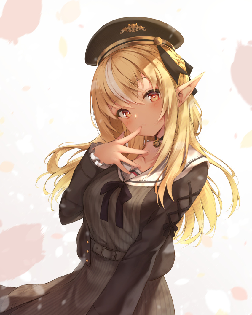 1girl absurdres bangs blonde_hair blush bow bowtie brown_bow brown_bowtie brown_dress brown_headwear brown_jacket commentary_request dark-skinned_female dark_skin dress elf eyebrows_visible_through_hair finger_to_mouth hair_between_eyes hat highres hololive ijac_ray jacket long_hair long_sleeves looking_at_viewer multicolored_hair open_clothes open_jacket pointy_ears red_eyes sailor_collar shiranui_flare solo streaked_hair striped striped_dress vertical-striped_dress vertical_stripes virtual_youtuber white_hair white_sailor_collar