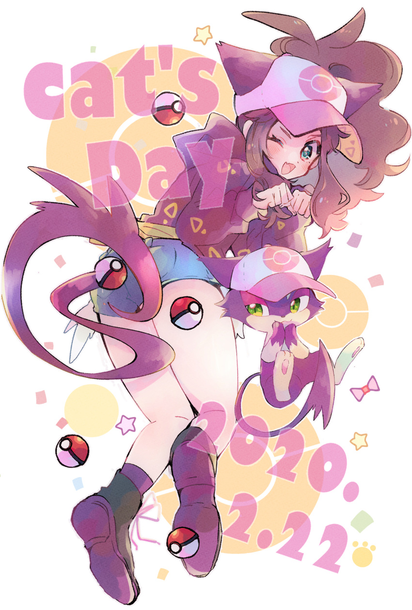 1girl ;d baseball_cap blush boots brown_hair cat_day commentary_request dated denim denim_shorts eyelashes fang green_eyes hat highres hilda_(pokemon) long_hair looking_at_viewer misha_(ohds101) one_eye_closed open_mouth poke_ball poke_ball_(basic) pokemon pokemon_(creature) pokemon_(game) pokemon_bw pokemon_ears pokemon_tail purrloin short_shorts shorts sidelocks smile star_(symbol) tail tongue
