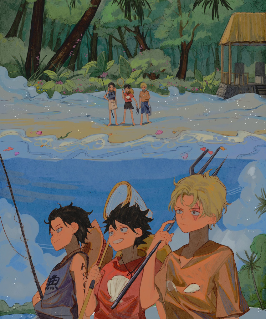 3boys akihare beach black_hair blonde_hair brothers butterfly_net fishing_rod grin hand_net highres island male_focus monkey_d._luffy multiple_boys one_piece polearm portgas_d._ace sabo_(one_piece) scar scar_across_eye scenery siblings smile standing tattoo trident weapon