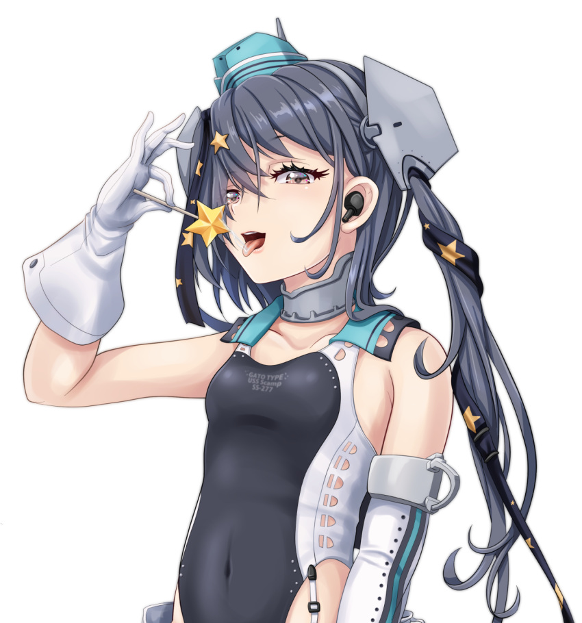 1girl aqua_headwear black_ribbon black_swimsuit breasts candy competition_swimsuit food garrison_cap gloves grey_eyes grey_hair hair_ornament hair_ribbon hat highres holding holding_candy holding_food holding_lollipop kantai_collection lollipop long_hair multicolored_clothes multicolored_swimsuit one-piece_swimsuit open_mouth ribbon saliva saliva_trail scamp_(kancolle) side_ponytail small_breasts solo star_(symbol) star_hair_ornament swimsuit tk8d32 tongue tongue_out white_background white_gloves white_swimsuit