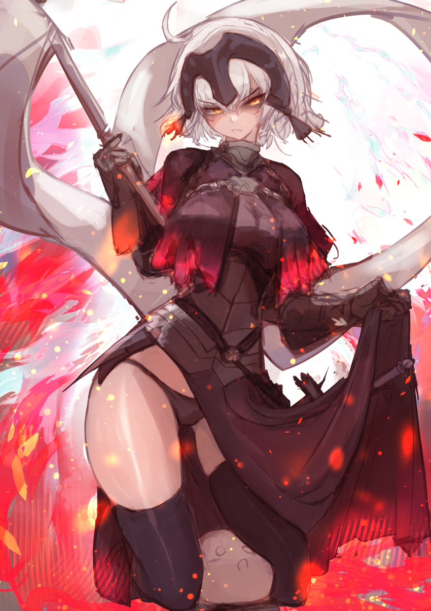 1girl absurdres ahoge armor armored_dress bangs black_legwear black_panties breasts chain collar fate/grand_order fate_(series) faulds fire flag gauntlets headpiece highres jeanne_d'arc_(alter)_(fate) jeanne_d'arc_(fate) large_breasts looking_at_viewer metal_collar panties plackart polearm sayo_(sayomayos) short_hair silver_hair sword thigh-highs underwear weapon yellow_eyes