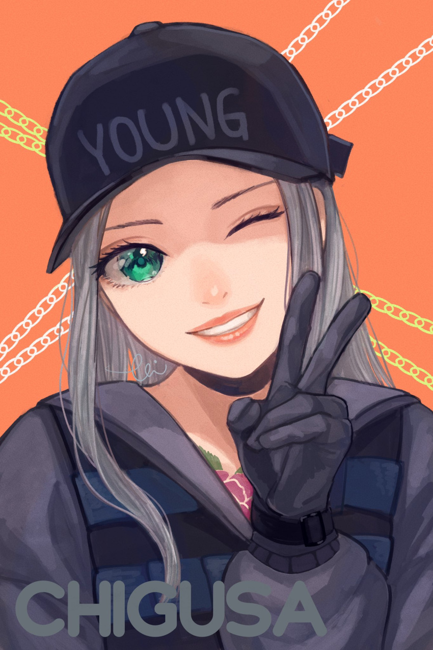 1girl chigusa_(fortnite) choker fortnite gloves green_eyes grey_jacket hat highres jacket long_hair looking_at_viewer open_mouth silver_hair simple_background smile solo tattoo toisan33 v vest