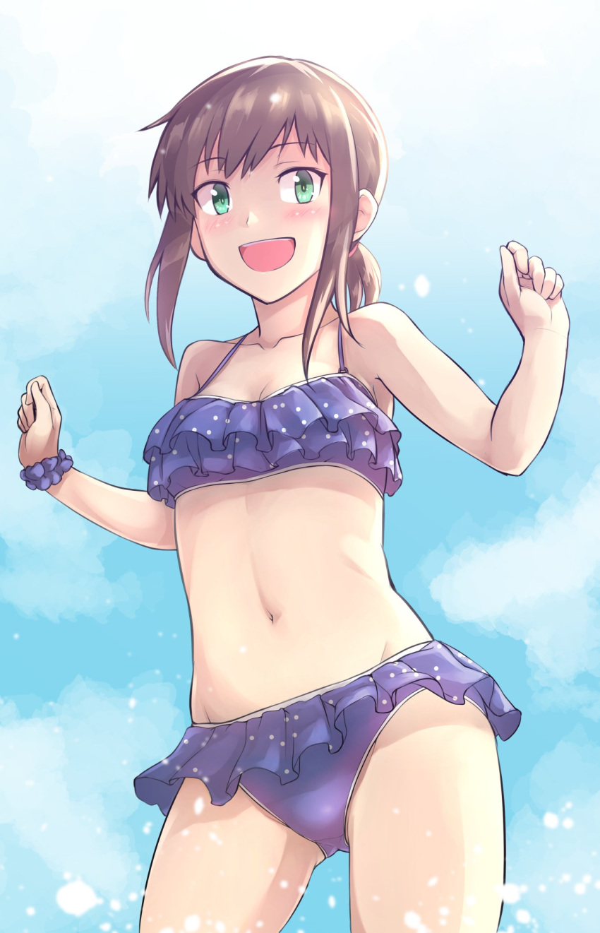 1girl a bangs bikini blue_bikini blush breasts brown_hair chaigidhiell clouds commentary day eyebrows_visible_through_hair frilled_bikini frills fubuki_(kancolle) green_eyes highres kantai_collection low_ponytail open_mouth outdoors polka_dot polka_dot_bikini scrunchie short_ponytail sky small_breasts solo swimsuit water wrist_scrunchie