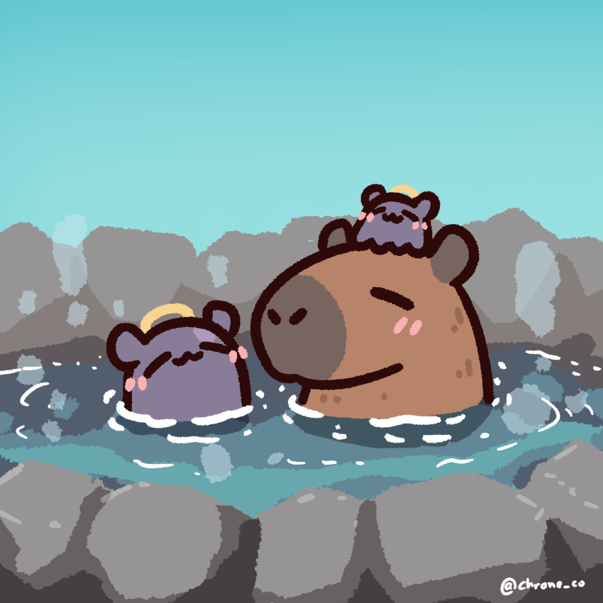 :3 absurdres animal blush capybara chibi chroneco closed_eyes commentary english_commentary halo highres hololive hololive_english no_humans octopus on_head onsen rock smile tako_(ninomae_ina'nis) twitter_username water