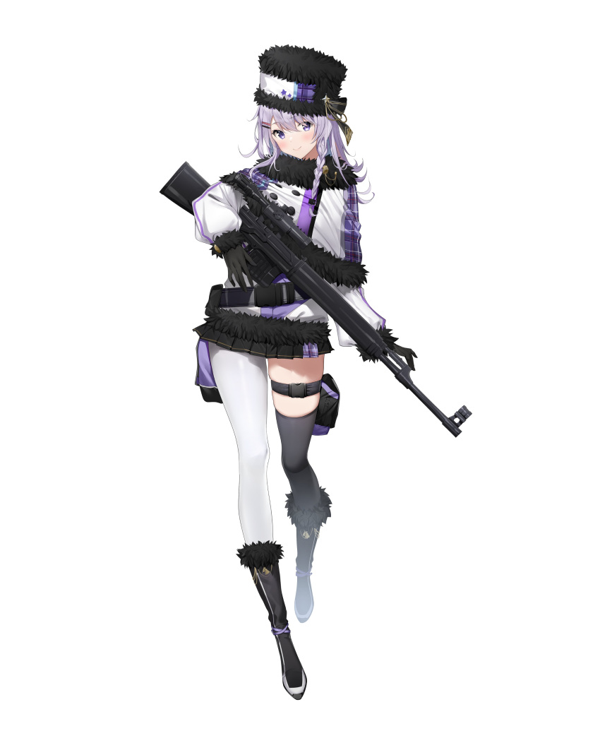 absurdres asymmetrical_legwear black_footwear black_gloves black_skirt blue_eyes blue_hair boots braid capelet colored_inner_hair fur_trim gloves gun hat head_tilt highres holding holding_gun holding_weapon jacket long_hair multicolored_hair nijisanji nijisanji_kr nun_bora official_art purple_hair rifle second-party_source side_braid single_leg_pantyhose single_thighhigh skindentation skirt sniper_rifle tachi-e thigh-highs thigh_strap uneven_legwear virtual_youtuber weapon white_jacket xretakex