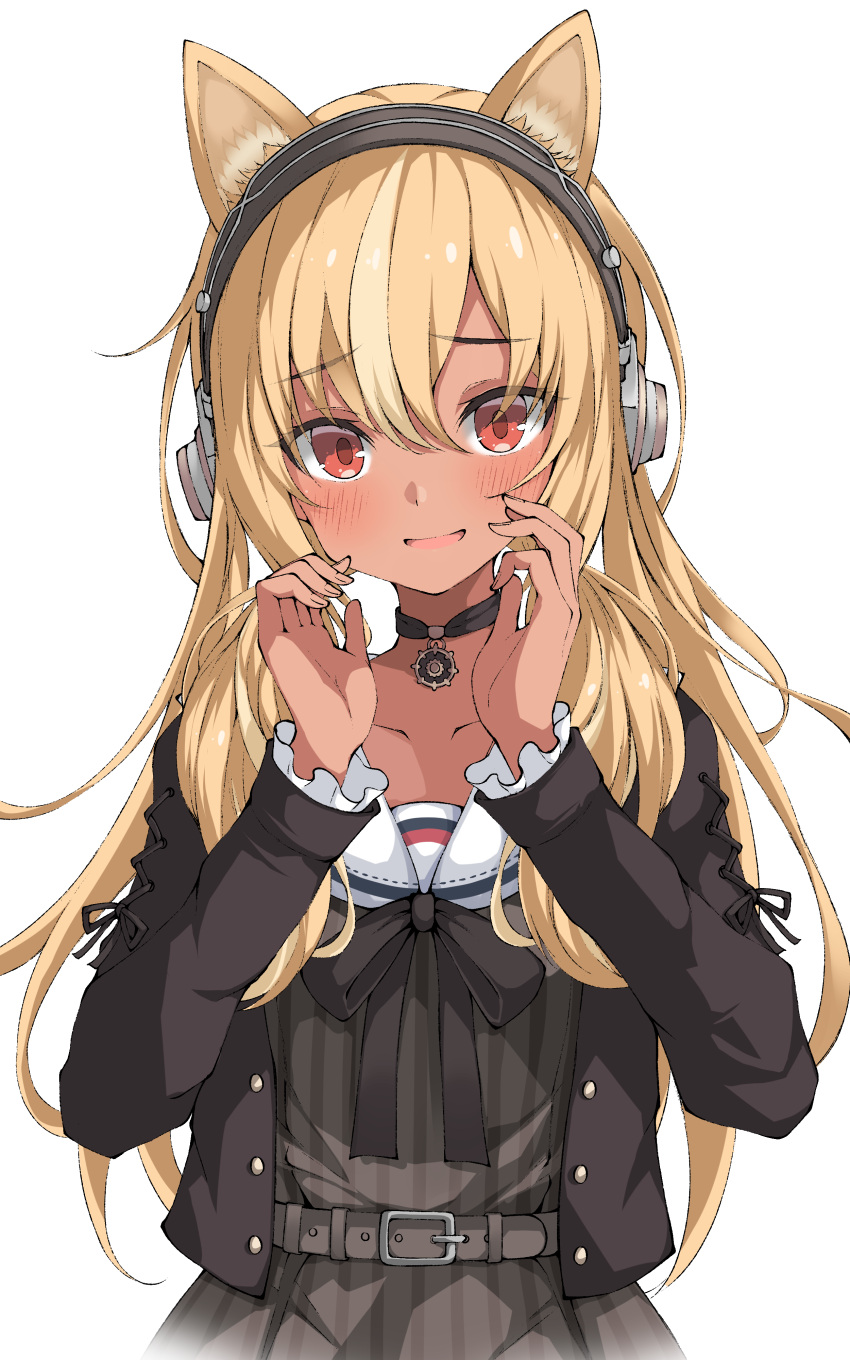 1girl absent absurdres animal_ears bangs black_choker blonde_hair blush bow bowtie brown_bow brown_bowtie brown_jacket choker commentary dress eyebrows_visible_through_hair grey_dress hair_between_eyes hands_up headphones highres hololive implied_extra_ears jacket long_hair long_sleeves multicolored_hair parted_lips red_eyes sailor_collar shiranui_flare solo streaked_hair striped striped_dress vertical-striped_dress vertical_stripes virtual_youtuber white_sailor_collar