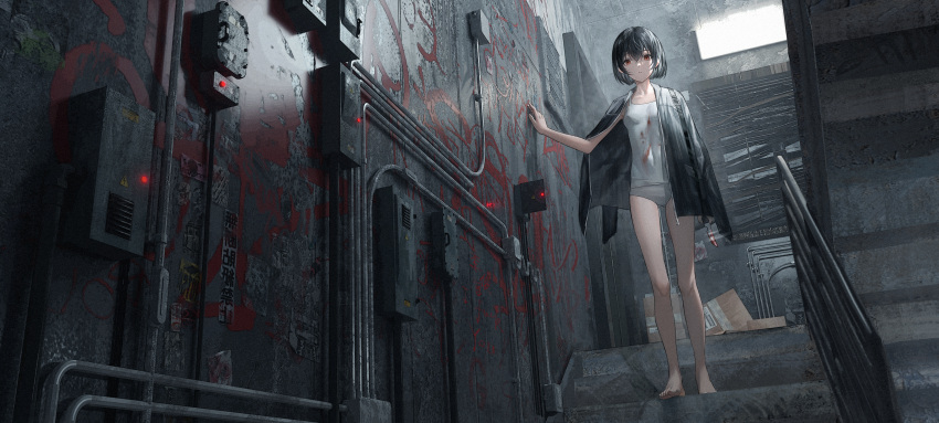 1girl absurdres bangs barefoot black_hair blood chinese_text closed_mouth highres holding holding_knife homutan_(syjg2733) jacket jacket_on_shoulders knife looking_at_viewer original red_eyes short_hair solo stairs