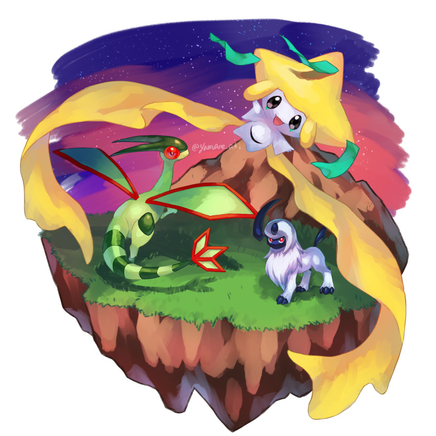 :d absol absurdres aki_yamane claws commentary_request flygon grass green_ribbon highres jirachi looking_at_viewer looking_back night no_humans open_mouth outdoors pokemon pokemon_(creature) ribbon sky smile standing star_(sky) tongue