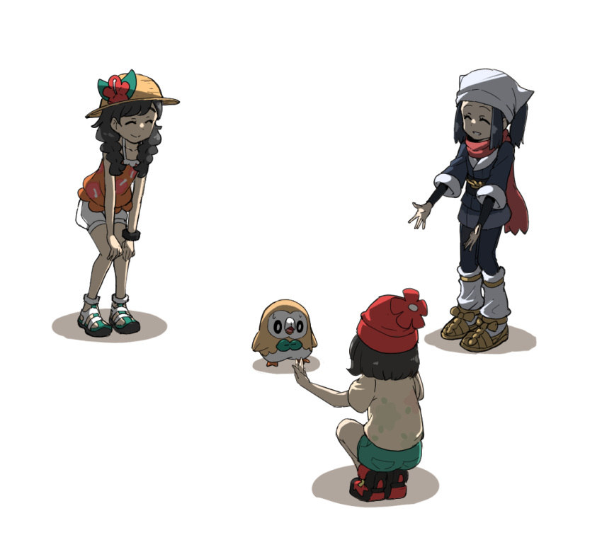 3girls akari_(pokemon) bandana beanie bird black_hair blue_hair braid closed_eyes dual_persona from_behind green_shorts hat meka_(77111994) multiple_girls open_arms owl pokemon pokemon_(creature) pokemon_(game) pokemon_legends:_arceus pokemon_sm pokemon_usum puffy_shorts rowlet scarf selene_(pokemon) shoes shorts smile sneakers sun_hat twin_braids white_shorts