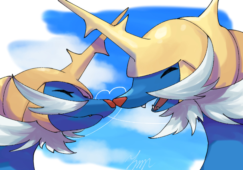 aki_yamane closed_eyes closed_mouth clouds commentary_request day eyelashes fangs happy heart highres no_humans outdoors pokemon pokemon_(creature) samurott sky smile upper_body