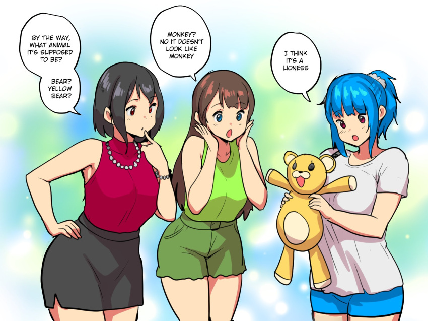 3girls bag bangs black_hair blue_eyes blue_hair breasts commentary controller curvy english_commentary erkaz handbag high_ponytail highres huge_breasts joystick medium_hair multiple_girls open_mouth original playing_games red_eyes rina_atherina shirt short_sleeves speech_bubble stuffed_animal stuffed_toy talking white_shirt