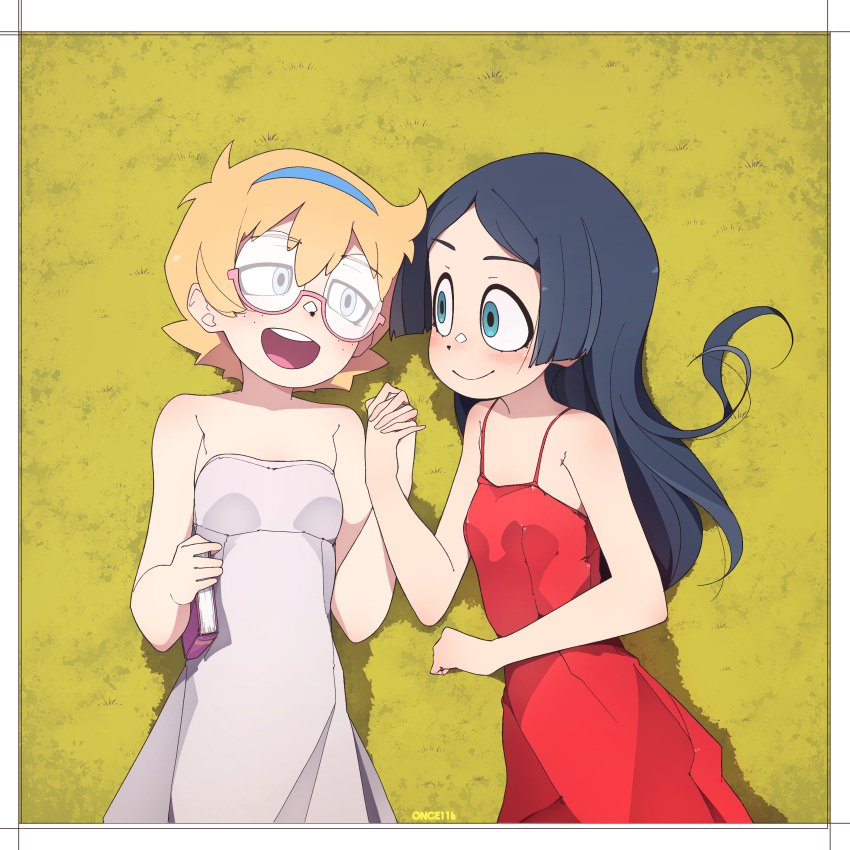 2girls absurdres barbara_parker bare_shoulders black_hair blonde_hair blue_eyes book border dress from_above glasses hair_between_eyes half-closed_eyes hay highres holding holding_book holding_hands little_witch_academia long_hair looking_at_another lotte_jansson lying mole mole_under_eye multiple_girls once_11h open_mouth red_dress short_hair sleeveless smile teeth upper_body upper_teeth white_border white_dress yellow_background