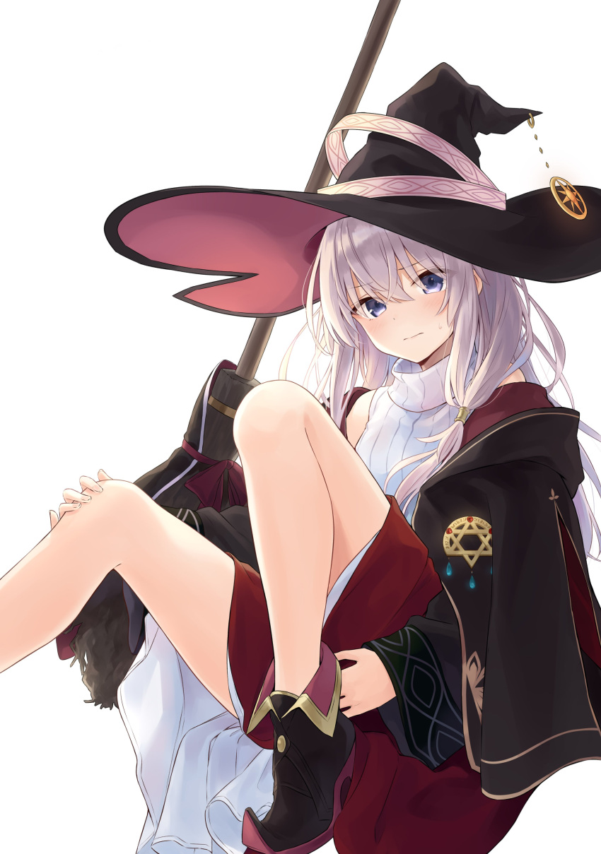 1girl absurdres ankle_boots azuuru bangs bare_legs bare_shoulders black_cloak black_coat black_footwear black_headwear blush boots broom cloak closed_mouth coat elaina_(majo_no_tabitabi) emblem eyebrows_visible_through_hair hair_between_eyes hand_on_own_knee hat highres knees_up legs long_hair long_sleeves looking_at_viewer majo_no_tabitabi novel_illustration off_shoulder official_art pointy_footwear red_skirt ribbed_sweater sidelocks silver_hair simple_background sitting skirt sleeveless sleeveless_turtleneck solo sweatdrop sweater textless turtleneck upskirt violet_eyes white_background witch witch_hat