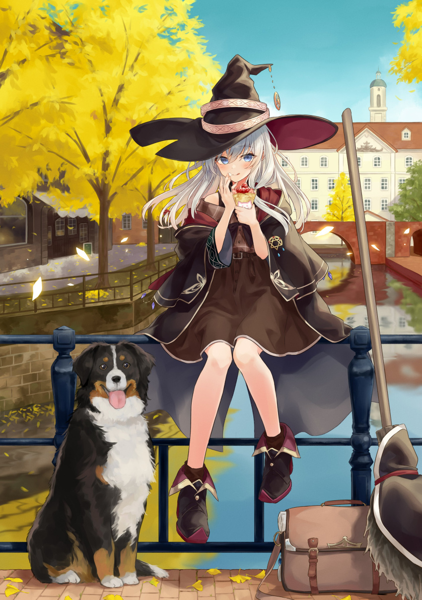 1girl :q absurdres ankle_boots azuuru bag bangs black_headwear black_robe blue_eyes blue_sky blush boots bridge broom brown_shirt brown_skirt building cover_image cream cream_on_face crepe day dog dress_shirt eating elaina_(majo_no_tabitabi) eyebrows_visible_through_hair floating_hair food food_on_face full_body hair_between_eyes hat highres holding holding_food licking_lips long_hair long_sleeves looking_at_viewer majo_no_tabitabi medium_skirt novel_illustration off-shoulder_shirt off_shoulder official_art outdoors pointy_footwear railing reflection reflective_water robe shirt shoes sitting sitting_on_railing skirt sky smile solo textless tongue tongue_out tree very_long_hair water white_hair witch_hat