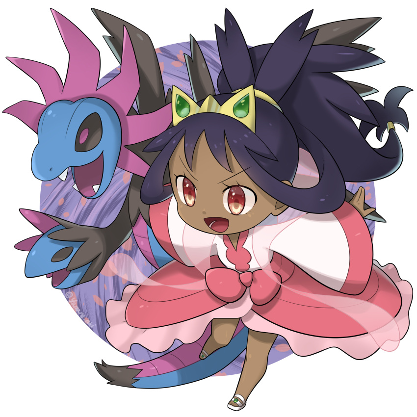 1girl :d absurdres aki_yamane bangs black_hair bow chibi commentary_request dark-skinned_female dark_skin dress eyelashes hair_rings hair_tie highres hydreigon iris_(pokemon) long_hair long_sleeves lower_teeth open_mouth outstretched_arms pink_bow pokemon pokemon_(creature) pokemon_(game) pokemon_bw2 ponytail red_eyes shoes smile teeth tied_hair tongue white_footwear wide_sleeves