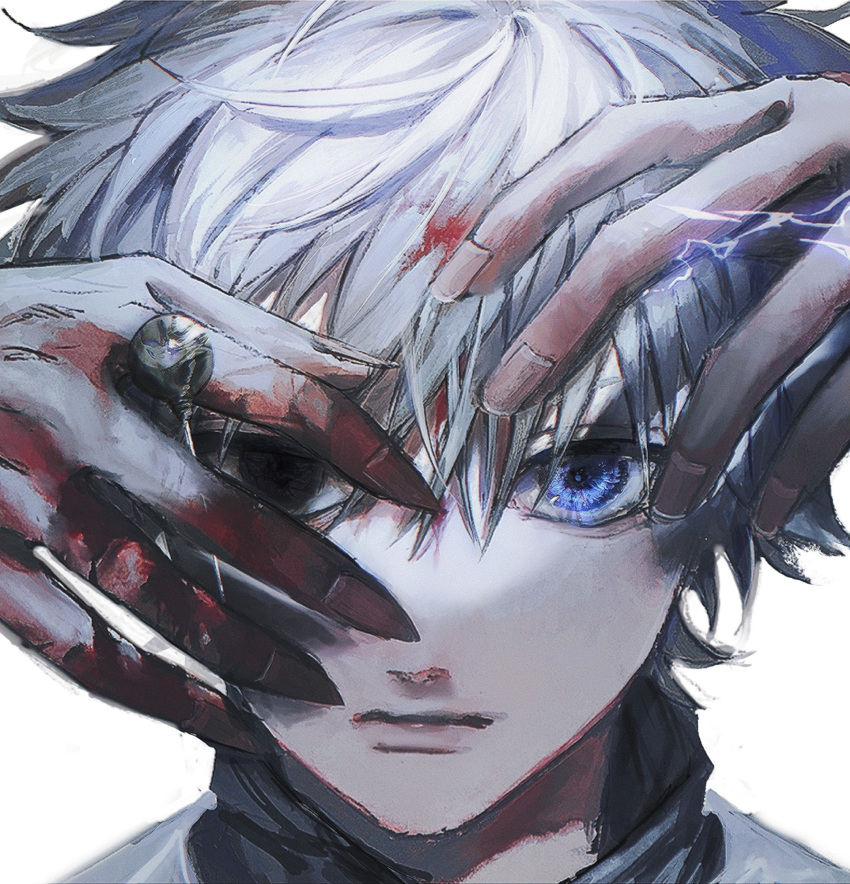 1boy bangs between_fingers black_eyes bleeding blood blood_in_hair blood_on_face blood_on_hands blue_eyes closed_mouth commentary electricity expressionless fingernails hair_between_eyes hands_up heterochromia highres holding holding_needle hunter_x_hunter killua_zoldyck looking_at_viewer male_focus messy_hair needle orokudesu portrait sharp_fingernails short_hair simple_background solo white_background white_hair