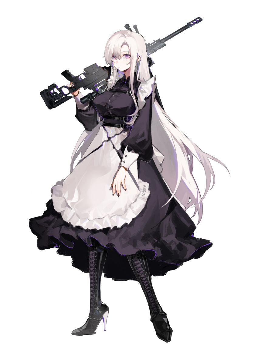 1girl absurdres apron artist_name bangs black_nails boots breasts cross cross_earrings earrings frilled_apron frills gun high_heels highres jewelry kitere long_hair long_sleeves maid maid_apron mole mole_under_eye original over_shoulder simple_background solo very_long_hair violet_eyes weapon weapon_over_shoulder white_background white_hair