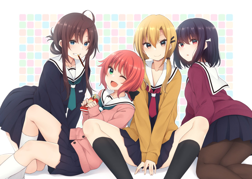 4girls ;d bangs between_legs black_hair black_legwear black_serafuku black_shirt black_skirt blue_eyes bone_hair_ornament brown_cardigan brown_eyes brown_hair brown_legwear cardigan cartoon_bone closed_mouth commentary_request commission eyebrows_visible_through_hair feet_out_of_frame food food_in_mouth green_eyes grin hair_between_eyes hair_ornament hair_over_shoulder hairclip hand_between_legs highres holding long_sleeves looking_at_viewer low_twintails mouth_hold multiple_girls nagami_yuu one_eye_closed original pantyhose pink_cardigan pleated_skirt pocky red_cardigan red_eyes sailor_collar school_uniform serafuku shirt sidelocks skeb_commission skirt sleeves_past_wrists smile socks twintails white_legwear white_sailor_collar