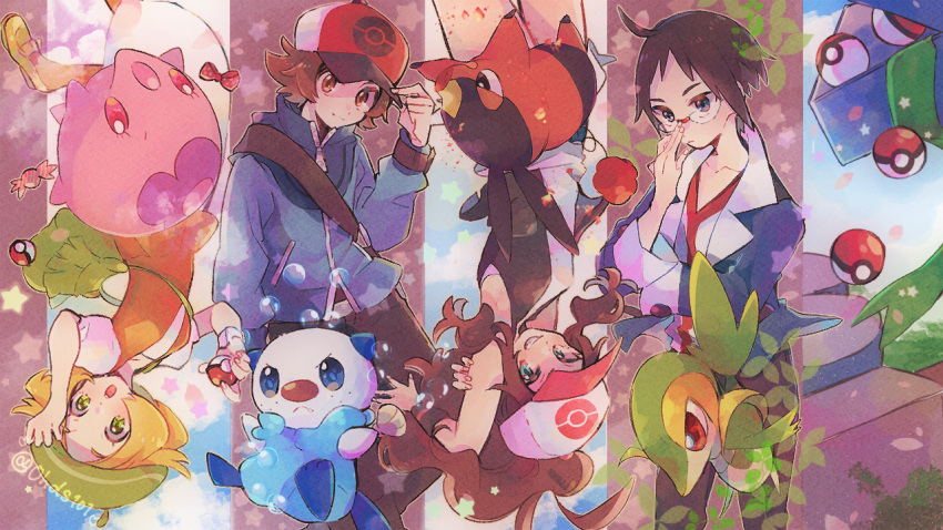 2boys 2girls :o ahoge bag baseball_cap belt_buckle beret bianca_(pokemon) black_vest blonde_hair blue_jacket brown_eyes brown_hair buckle candy_wrapper cheren_(pokemon) commentary_request dress green_bag green_eyes green_headwear hat hilbert_(pokemon) hilda_(pokemon) holding holding_poke_ball jacket long_hair long_sleeves misha_(ohds101) multiple_boys multiple_girls munna open_mouth orange_legwear orange_vest oshawott pantyhose poke_ball poke_ball_(basic) poke_ball_print pokemon pokemon_(creature) pokemon_(game) pokemon_bw red_headwear shirt shoes short_hair short_sleeves shoulder_bag sidelocks sleeveless sleeveless_shirt snivy starter_pokemon_trio teeth tepig tongue upper_teeth vest white_dress white_shirt wristband yellow_footwear