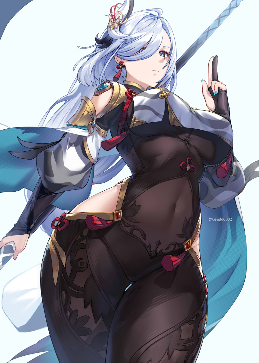 1girl absurdres bangs black_gloves blue_eyes blush bodysuit braid braided_ponytail breasts clothing_cutout covered_navel gendo0032 genshin_impact gloves hair_ornament hair_over_one_eye highres hip_vent large_breasts long_hair long_sleeves looking_at_viewer parted_lips puffy_long_sleeves puffy_sleeves shenhe_(genshin_impact) shoulder_cutout silver_hair solo tabard tassel very_long_hair