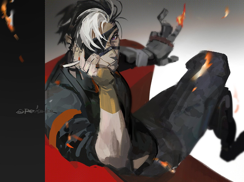 1boy arm_support black_hair cigarette crossed_legs eyepatch fingerless_gloves fire flame girls'_frontline_neural_cloud girls_frontline gloves holding holding_cigarette lighter looking_at_viewer male_focus mechanical_arms pants python_(girls'_frontline_nc) redsakaone scar scar_on_face short_hair short_sleeves single_mechanical_arm sitting solo white_hair