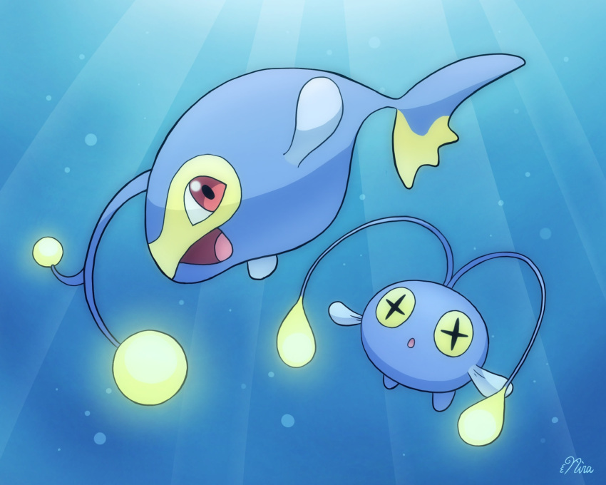 :d air_bubble aoyagi_nira bubble chinchou commentary_request evolutionary_line full_body glowing highres lanturn looking_at_viewer no_humans open_mouth pokemon pokemon_(creature) red_eyes signature smile tongue underwater
