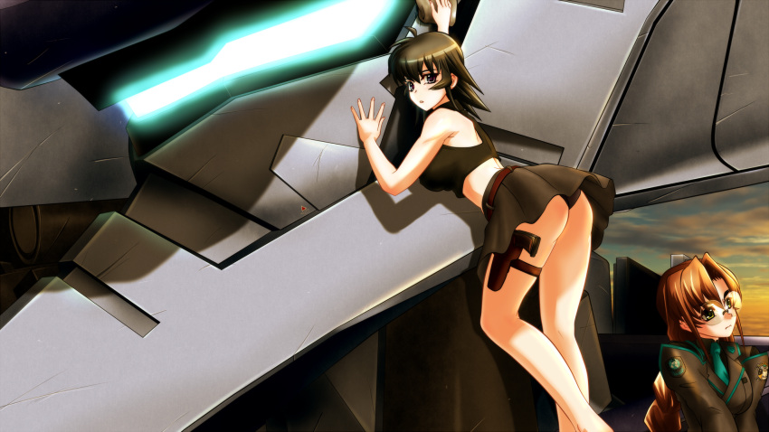 2girls :o against_mecha ass ayamine_kei bangs black_panties black_shirt blue_necktie braid breasts brown_hair collared_shirt genya_(genya67) glasses grey_jacket gun hair_behind_ear handgun head_tilt highres holstered_weapon jacket juliet_sleeves large_breasts leaning leaning_forward long_sleeves looking_up mecha medium_hair military military_uniform multiple_girls muvluv muvluv_alternative necktie panties parted_bangs pistol puffy_sleeves round_eyewear sakaki_chizuru shirt sky tactical_surface_fighter thigh_strap twin_braids type_94_shiranui underwear uniform violet_eyes visor weapon