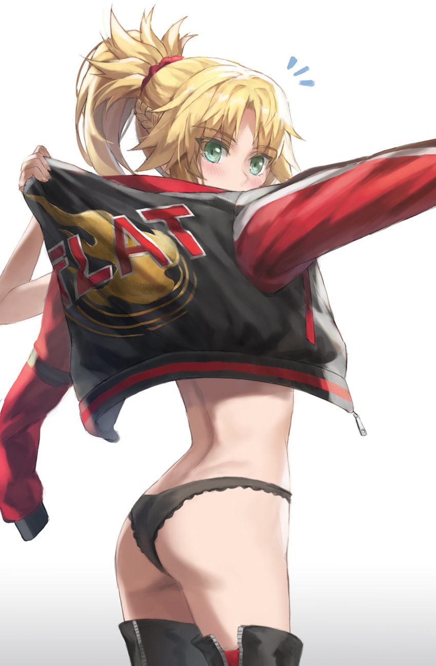 1girl ass bangs black_footwear black_jacket black_panties boots braid breasts clothes_writing fate/apocrypha fate/grand_order fate_(series) french_braid green_eyes hair_ornament hair_scrunchie highleg highres jacket letterman_jacket long_hair long_sleeves looking_at_viewer looking_back mordred_(fate) mordred_(fate/apocrypha) open_clothes open_jacket panties ponytail scrunchie small_breasts solo thigh-highs thigh_boots tonee underwear